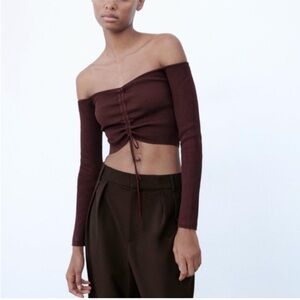 Zara Brown Off-Shoulder Long Sleeve Crop Top
